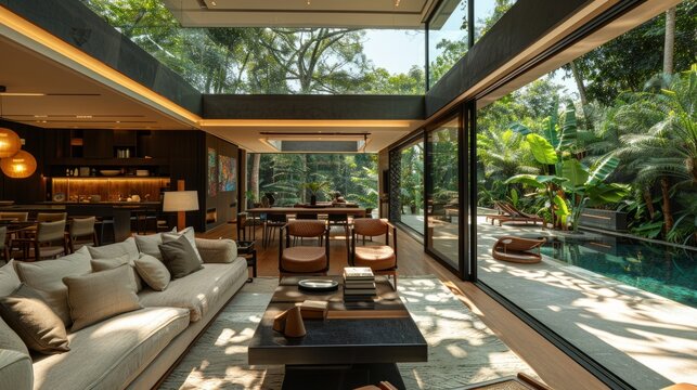 cozy modern living room, expansive skylight with hanging jungle, contemporary furniture, AI Generative