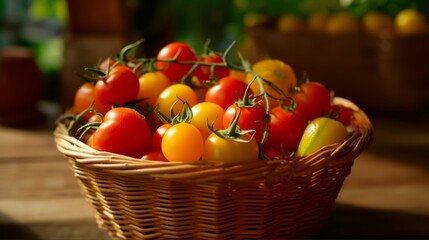 Basket filled with multi colored cherry tomatoes in detailed close view