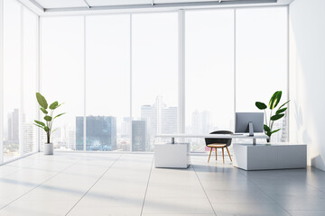 Naklejka premium Modern white concrete office interior with panoramic windows and city view. Workplace concept. 3D Rendering.