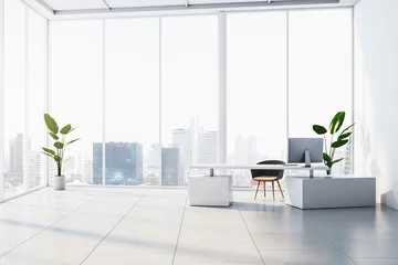 Selbstklebende Fototapeten Modern white concrete office interior with panoramic windows and city view. Workplace concept. 3D Rendering. © Who is Danny