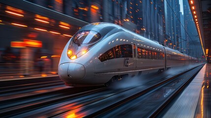 streamlined train darting across international borders, concept of rapid passenger transit, future of logistics, on a magnate's rail network, dynamic, cinematic, AI Generative