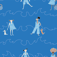 Vector dark blue seamless pattern background: Waiting For Waves.