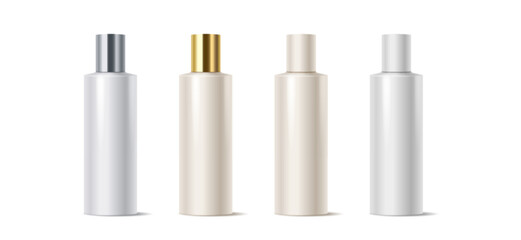 Mockup cosmetic products bottles with plastic caps realistic vector illustration set. Cosmetics packages 3d objects on white background