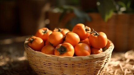 Fototapeta na wymiar Fresh, succulent persimmons in rustic basket