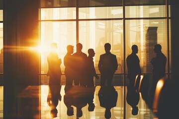 Silhouettes of business people standing in an office with sunlight streaming through the windows