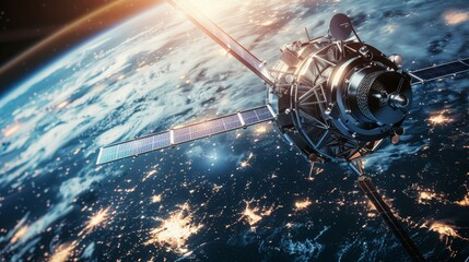 Satellite global communication spaceship with solar panels orbiting the Earth which can be used for  research or to gather gather spying surveillance data, computer stock illustration
