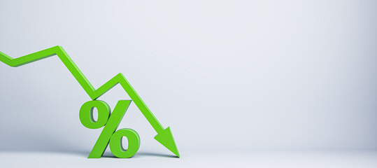 falling green chart arrow with percent icon on wide white background with mock up place. Falling interest rates and mortgage concept. 3D Rendering.