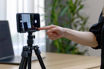 A woman's hand is pointing at the phone on top of an tripod