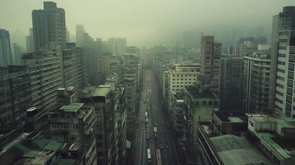 Fototapeta premium The fog blankets the city, shrouding the skyscrapers and tower blocks in mist. Urban design emerges from the clouds, creating a mysterious cityscape