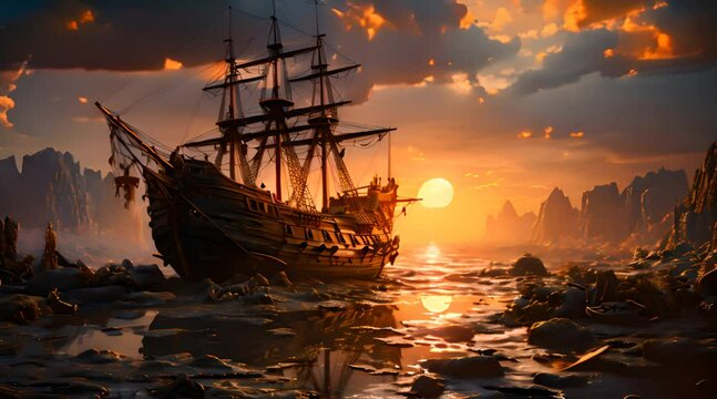 fantasy world a damaged wooden ship with beautiful sunset clouds passing animation video