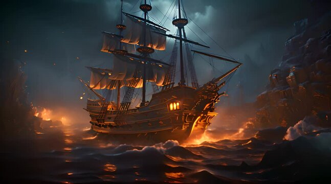 fantasy world a damaged wooden ship with beautiful dark night sea waves passing animation video. beautiful nature sea old boat