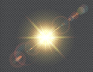 Sun light glaring blast realistic vector illustration. Sunlight shining effect. Bright spark with halo 3d element on transparent background