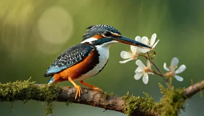 Foto op Plexiglas ringed kingfisher megaceryle torquata eating a branch in the wetlands in the north pantanal in brazil green background © Joseph