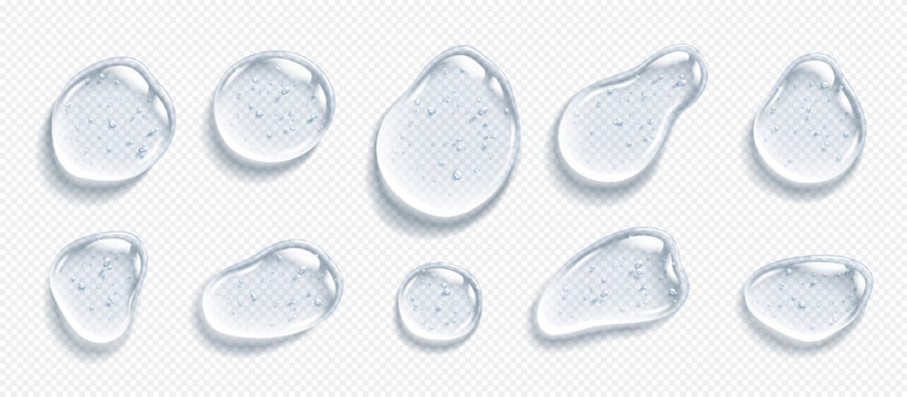 Collagen gel clear drops realistic vector illustration set. Cosmetic serum spots. Anti aging skincare product 3d objects on transparent background