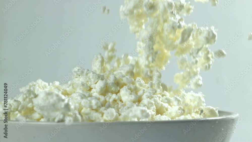 Sticker super slow motion cottage cheese. high quality fullhd footage