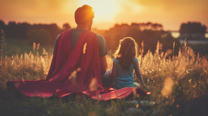 Father's Day Joy: Father and Daughter Embrace Their Superhero Alter Egos, Sharing Playful Moments Outdoors.