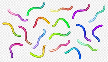 Gummy worms multicolor 3d realistic vector illustration. Healthy marmalade candies creative design. Tasty jelly treats on white background