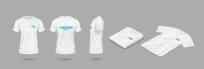 White mockup t-shirts realistic vector illustration set. Casual clothes with brand design template 3d objects on grey background