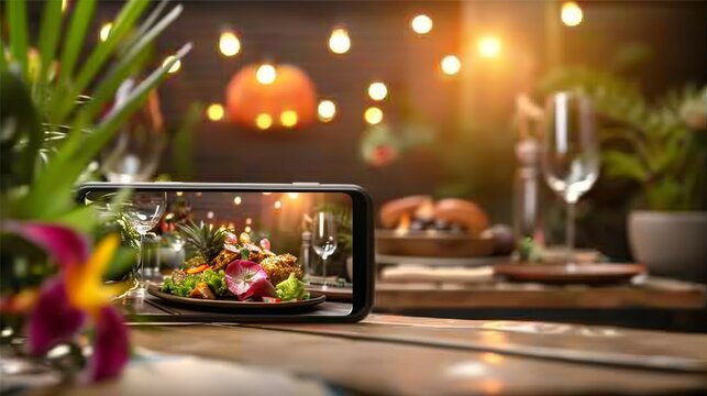 restaurant owner takes a picture of the food on the table with a smartphone to post on a website. Online food delivery, ordering service, influencer, review, social media, share, marketing, interest