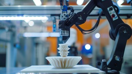 Robotic Arm 3D Printing Intricate Object in Modern Manufacturing Facility