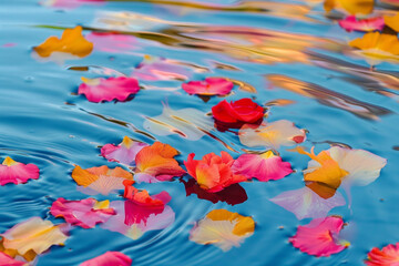 Fototapeta na wymiar Colorful flower petals on water's surface