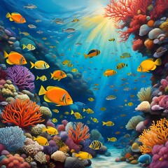 Fototapeta na wymiar Underwater world with bright seaweeds, corals and swimming fishes. Natural panoramic scene with fantasy aquatic habitat, AI Generation