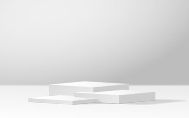 Square promo podium realistic vector illustration. Empty showcase platform. Products advertising design 3d object on white background
