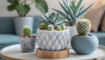 set of cactus in pots, wallpaper collection Set of different mixed cactus and succulents types of small mini plant in modern ceramic nordic vase pot as furniture cutouts isolated - obrazy, fototapety, plakaty