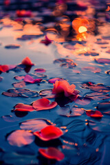 Colorful flower petals on water's surface