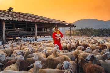 Vietnamese woman with lamb on a countryside, a sheep farm in the steppe zone in Ninh Thuan...