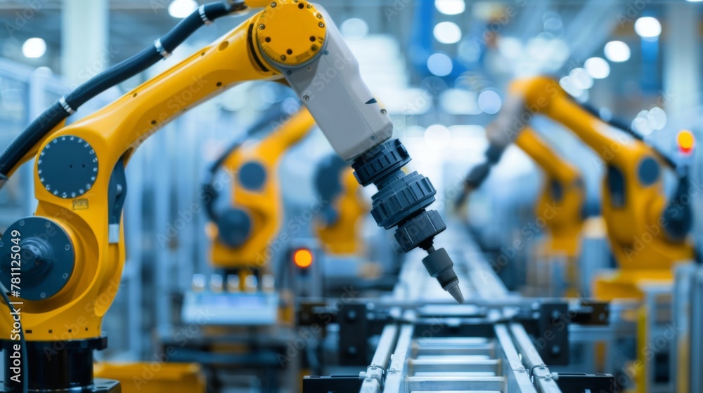 Poster industrial robots at work in automated factory setting