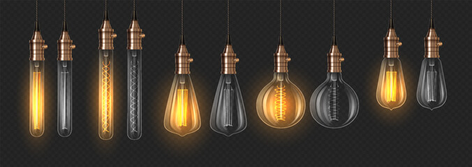 On and off lightbulbs 3d realistic vector illustration set. Lighting equipment assortment design. Edison lamps on dark background - obrazy, fototapety, plakaty
