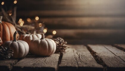 pumpkins on the old wooden table and spotlight empty space autumn showroom with horizontal planks