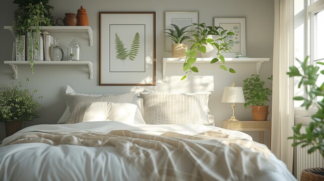 A corner of cozy bedroom or living room at home. Bedroom with window, bed, pillows, bookshelf. Very cute cozy interior design, romantic dim lighting, sun morning lighting. Browns and beiges colors
