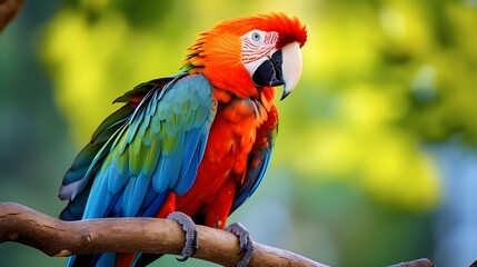 Obraz premium Um papagaio colorido senta-se em um galho com penas verdes e azuis. 