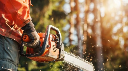 Construction worker using chainsaw to trim trees with power tool on site close-up