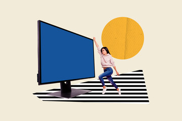 Fototapeta premium Creative collage picture young confident persistent girl go raised hands computer monitor surreal concept reach goal target