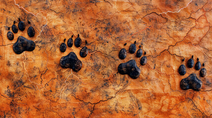 Cracked earth texture with black animal paw prints.