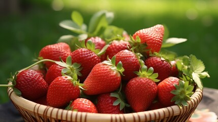 Basket of ripe red strawberries on a wooden table