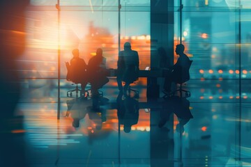 Abstract blurry background of business people in a conference room meeting. A business team working together at an office table with a blue glass window viewing a cityscape outside