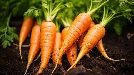 Soil covered vibrant orange carrots, close up view