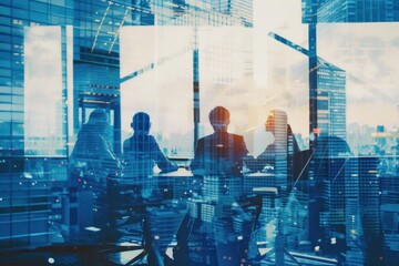 Abstract blurry background of business people in a conference room meeting. A business team working together at an office table with a blue glass window viewing a cityscape outside