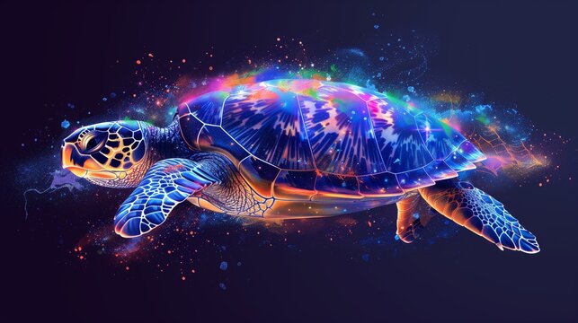 Watercolor illustration of big sea turtle on dark blue or black background. Hand painted illustration. World Turtle Day, turtle protection concept. Postcard, print for kids.