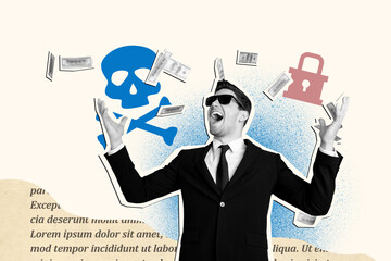 Composite photo collage of young happy businessman rich wealthy throw money dollars earnings income...