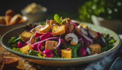 spring salad with red beans and mushrooms served with croutons and garlic butter