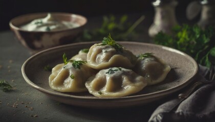 traditional polish pierogi dumplings with sour cream and fresh herbs on a speckled plate