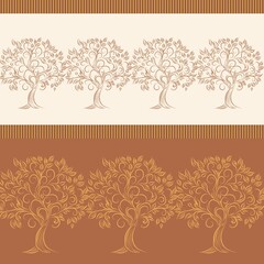 Seamless pattern of tree line drawing with brown and yellow color for fabric, tile, background