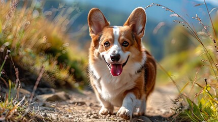 Corgi puppy for a walk in the forest