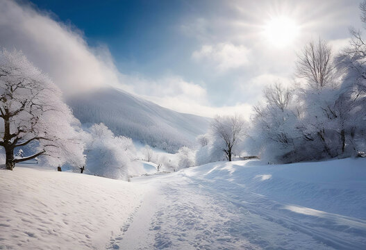 Snow covered trees dotting a mountainous winter landscape under a blue sky