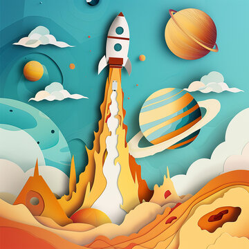 Space rocket and planets in paper cut style. Vector illustration for your design
